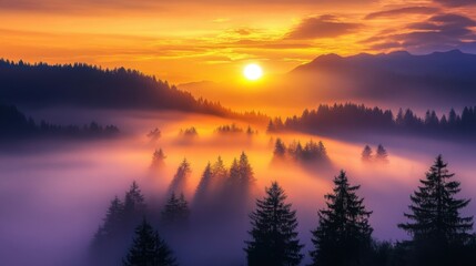 Obraz premium Stunning sunrise over a foggy mountain landscape with forest silhouettes in the background, creating a peaceful and serene atmosphere