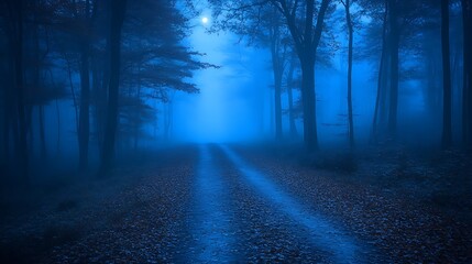 Fototapeta premium A dirt road winds through a misty forest under a full moon.