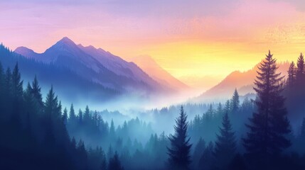 Obraz premium Vector illustration of a foggy mountain landscape at sunrise, featuring peaceful forest silhouettes and vibrant sky colors