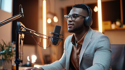 Grown professional businessman recording a podcast in a cozy modern studio soundproof panels and glowing lights surrounding him