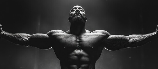 Muscular man with arms outstretched in a powerful pose.
