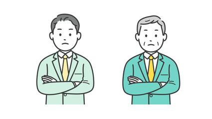 Fototapeta premium 腕を組んで悩むビジネスマンの上半身イラスト 