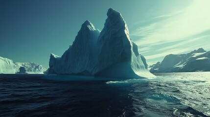 A colossal iceberg rises from the deep blue ocean, its jagged surface glistening in the sunlight. The towering structure feels both grand and fragile, a natural sculpture carved by time.