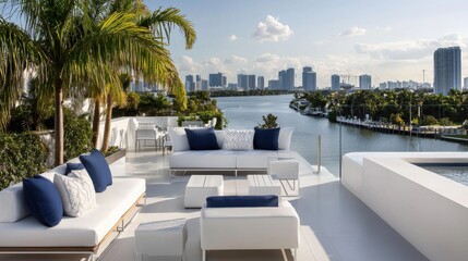 Fototapeta premium Tropical rooftop oasis in Miami with luxury white and blue furniture perfect for entertaining surrounded by elegant water features and greenery
