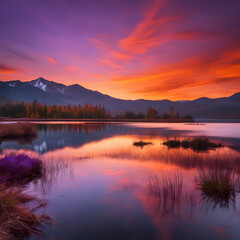 Fototapeta premium A serene sunset over a crystal-clear lake with vibrant orange and purple skies reflecting perfectly in the water - Generative AI