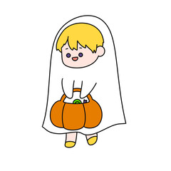 A cartoon character is holding a pumpkin and wearing a ghost costume