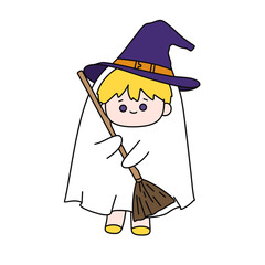 A cartoonish child wearing a white costume and holding a broom