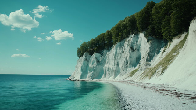 R&uuml;gen Island, towering white chalk cliffs on the edge of the Baltic Sea with clear blue water below, pebble beaches and dense green forests on top of the cliffs, Ai generated images