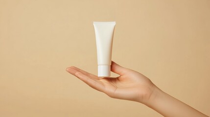 Elegant Presentation of a Blank Mockup Tube for Cream or Lotion Held by a Fragile Female Hand Against a Beige Isolated Background for Skincare and Cosmetic Branding.






