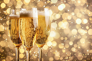 Two champagne glasses filled with bubbly golden liquid.