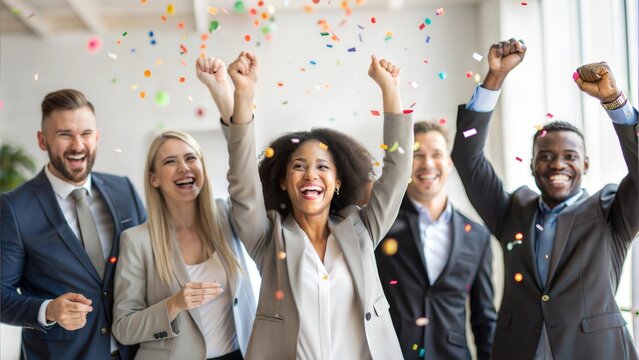 Diverse Employees Celebrating Business Success with Confetti	
