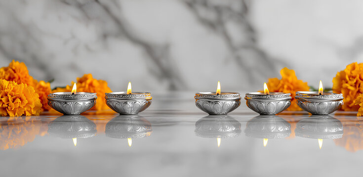 Five silver diya lamps with lit flames and orange flowers on a marble surface.