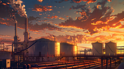 An industrial landscape featuring massive oil drums and pipelines, showcasing a range of petroleum products in giant storage containers under a vivid sunset sky
