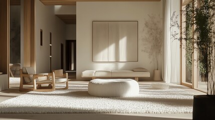 Minimalist living room with natural light and wood accents.