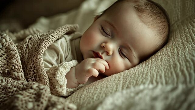 A baby soundly sleeps on a soft pillow, tucked in a cozy blanket