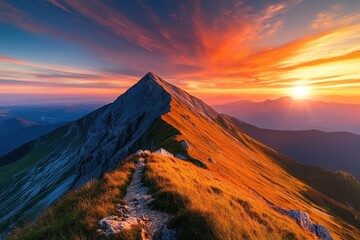 A majestic mountain ridge stretching into the distance, the sky painted with vibrant hues of orange and pink as the sun sets behind it