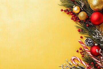 Christmas-themed golden background with candy canes and ornaments for holiday cards, banners, or seasonal designs. Copy space for text.