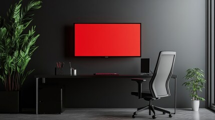 Dark gray office wall backdrop to a black and white office chair, red screen on TV, and black desk setup with a plant, creating a minimal, tech-oriented workspace.