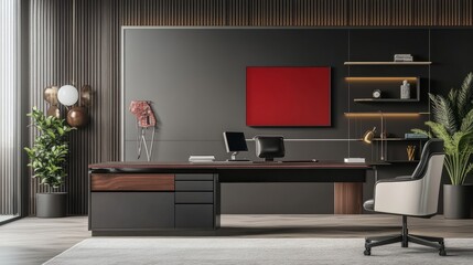 Dark gray office wall with a modern black and white office chair, red TV screen, black desk with drawers and plant, creating a simple and functional workspace.