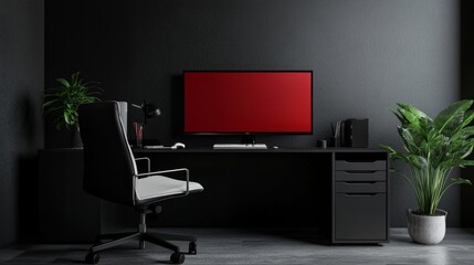 Fototapeta premium Dark gray office wall with a modern black and white office chair, red TV screen, black desk with drawers and plant, creating a simple and functional workspace.