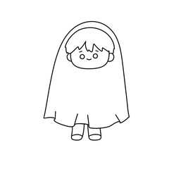 A young girl is wearing a long white dress and a hood