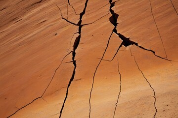 cracks in the ground of a desert with a person walking on it