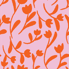 Abstract Retro Red Tulips cute flower vector seamless pattern in pink background. Perfect for Fabric, wallpapers and children's projects. 