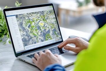 A professional analyzes satellite imagery on a laptop, representing geographic information systems, mapping, and remote sensing technology.