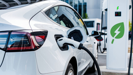 Fototapeta premium Close-up of an electric vehicle plugged into a charging station, emphasizing clean energy, sustainability, and modern transportation technology.