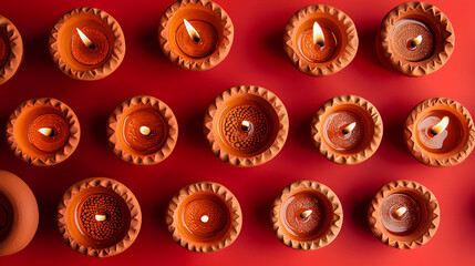 A pattern of lit clay diyas arranged in rows on a red background.