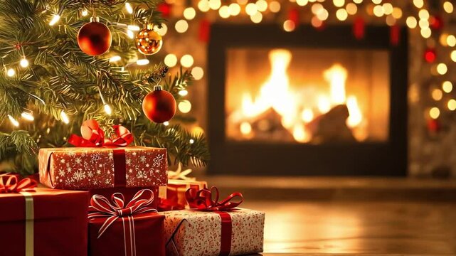 A festive Christmas scene with gifts wrapped in red and white paper under a decorated Christmas tree, with a fireplace and glowing lights in the background.