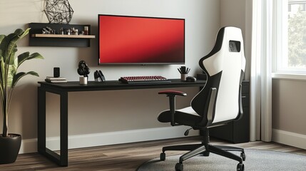 Gaming workspace with black and white chair, TV showing a vivid red screen, black desk with keyboard, mouse, and plant creating a balanced atmosphere.