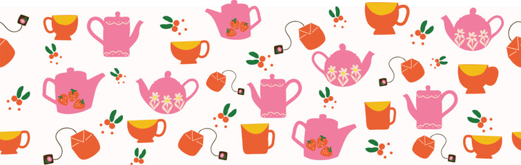 Horizontal border Vector with Teapots, tea bags, cups and mugs on Beige background. Hand drawn lines cartoon-dishes. Tea Party Vector illustration. Perfect for tea towels, wallpaper and children's