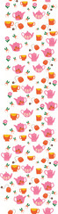 Vertical border Vector with Teapots on Beige background. Hand drawn lines cartoon-dishes. Tea Party Vector illustration. Perfect for tea towels, wallpaper and children's projects.