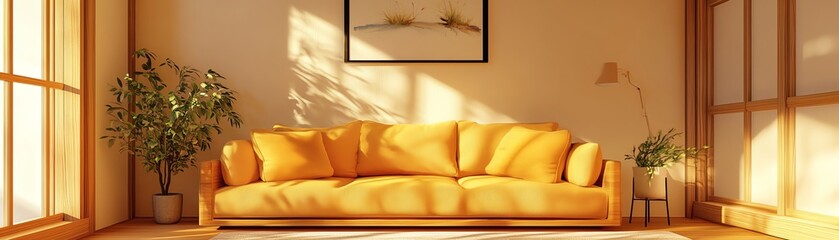 Yellow couch in a sunlit living room.