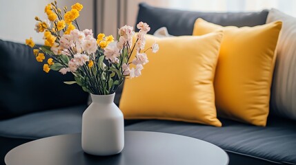 Yellow pillows on a grey couch with flowers.