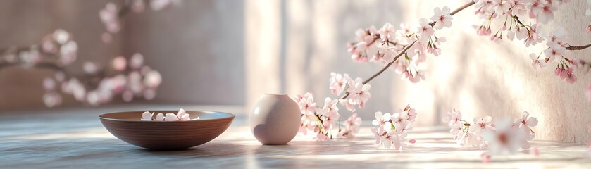 Bowl, stone, and delicate blossoms.