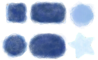 キラキラとブルーの透明水彩絵の具タッチのフレーム背景セット