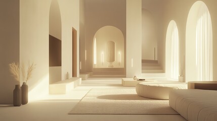 Minimalist interior with arched doorways and soft light.