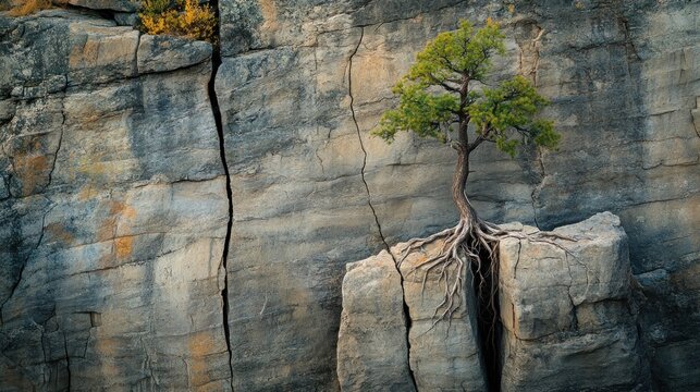 A lone tree growing out of a sheer rock face, defying gravity and demonstrating the risk of survival in harsh conditions. Its roots cling to the cracks.