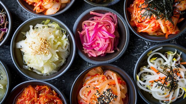 A selection of fermented foods like kimchi sauerkraut
