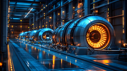 Obraz premium Futuristic Industrial Facility with Glowing Machinery.
