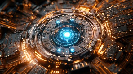 Fototapeta premium A futuristic, intricate design featuring glowing circuits and a central blue light.
