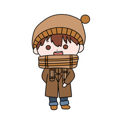 A cartoon boy wearing a brown hat and scarf is smiling
