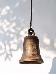 Obraz premium An ornate bell dangles gracefully, creating gentle shadows on a pristine backdrop that highlights its exquisite artistry and rich heritage.