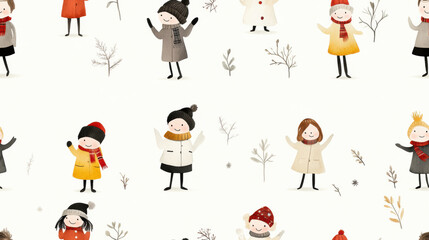 Naklejka premium Cheerful winter characters in cozy attire celebrate season with joy, surrounded by delicate winter foliage. Their playful expressions and colorful outfits create festive atmosphere
