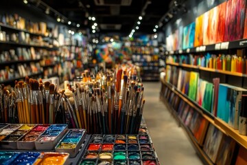 Shopper examining a selection of fine art brushes and paints in an upscale artist supply store. 