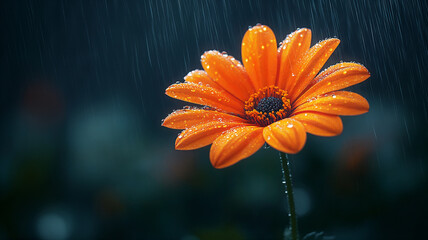 Orange flower with water droplets in macro closeup, dew-covered petals glistening in rain fresh botanical with copy space - Powered by Adobe