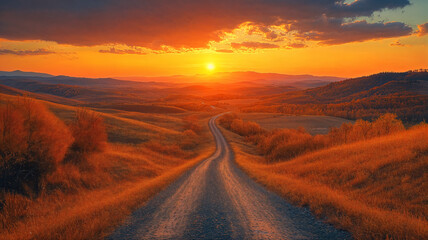 Winding country road leading towards golden sunset, idyllic rural landscape journey concept