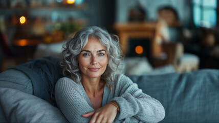 Obraz premium Charming woman 50s with gray hair and genuine smile, Warm authentic beauty embracing age gracefully